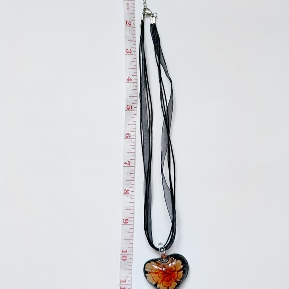 Blown Glass Heart with Orange Flower Medallion Black Cord and Lace Necklace - Picture 6 of 7